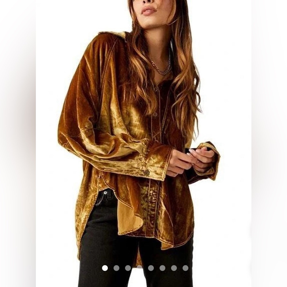 We The Free Night Skies Velvet Golden Brown Button Down Women's Top Sz M